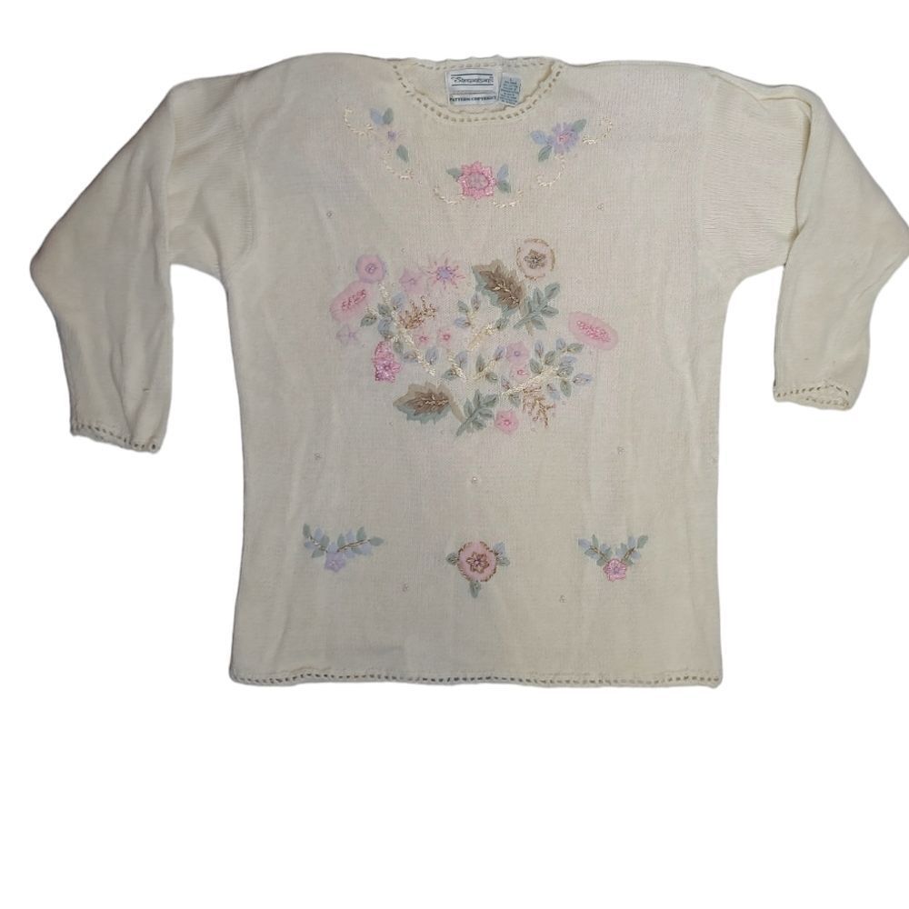 VINTAGE 90s embroidered floral pastel grannycore sweater L‎